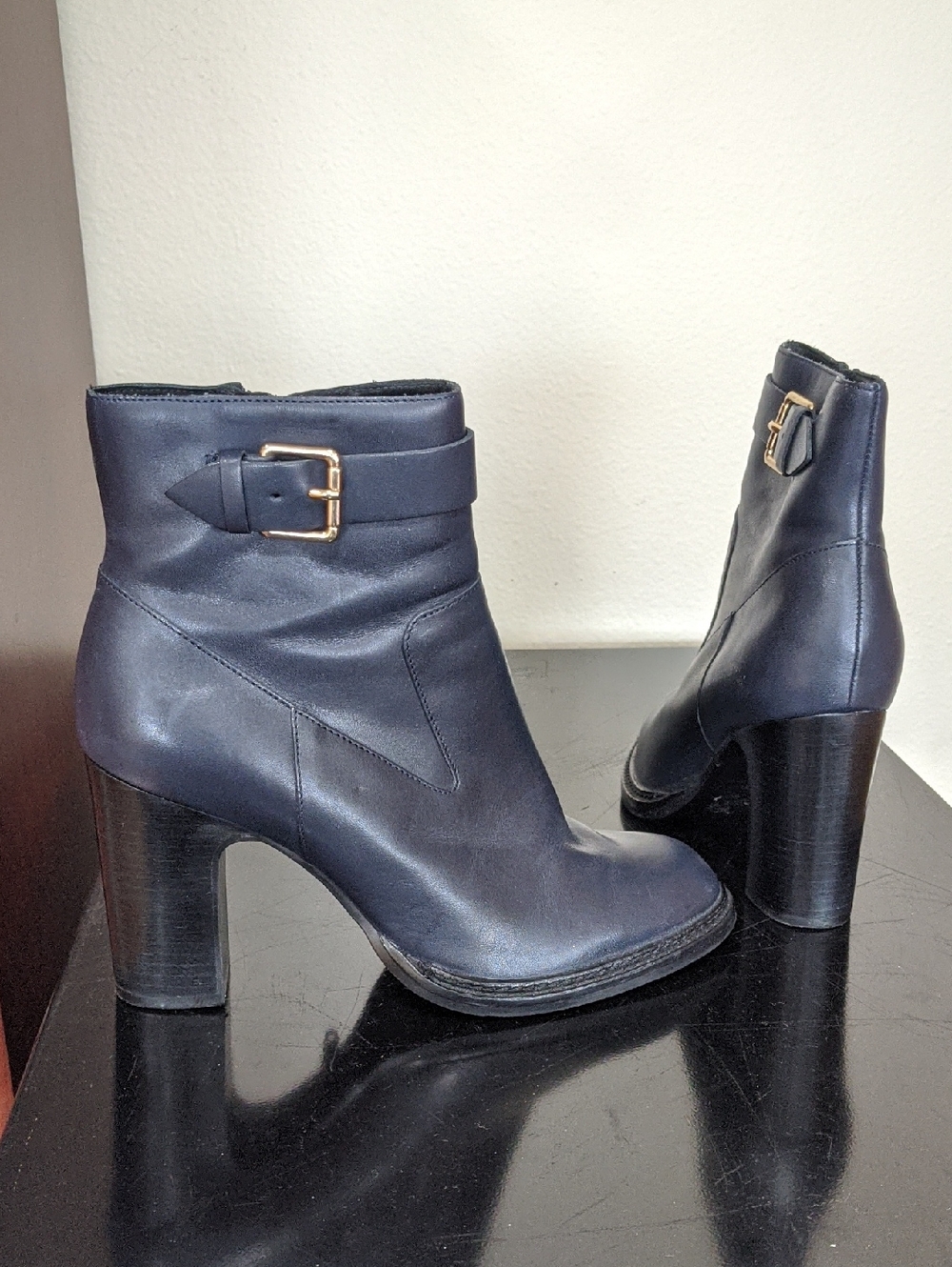 Minelli Navy Leather Ankle Boots with Gold Buckle